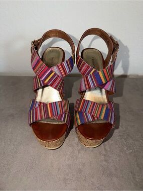 Chinese Laundry Striped Multicolor Platform Wedge Sandals